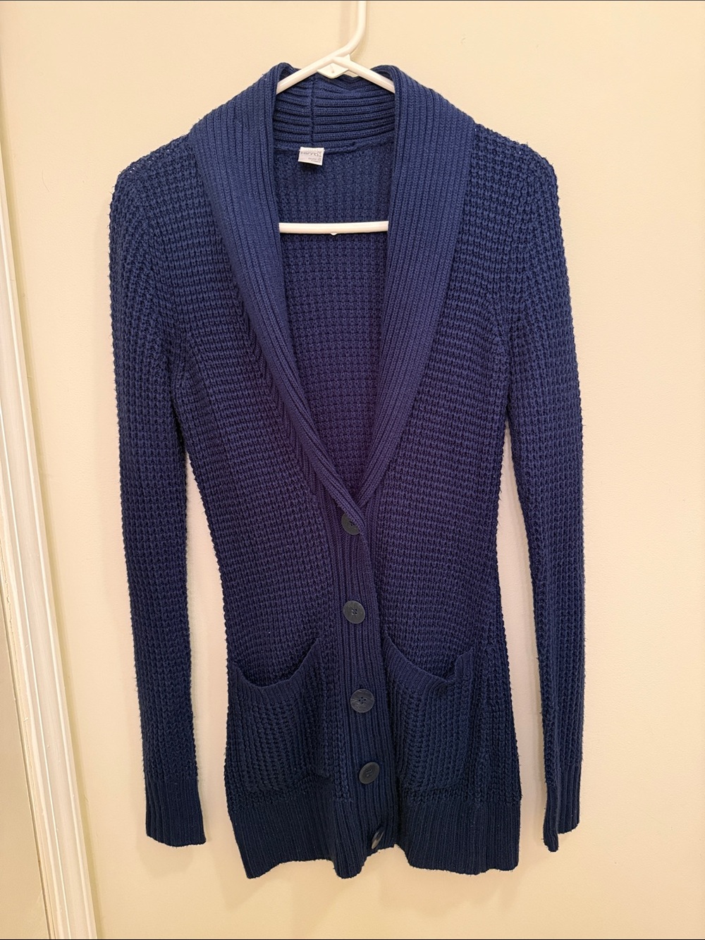 Kirra Navy Textured Shawl Collar Button Cardigan